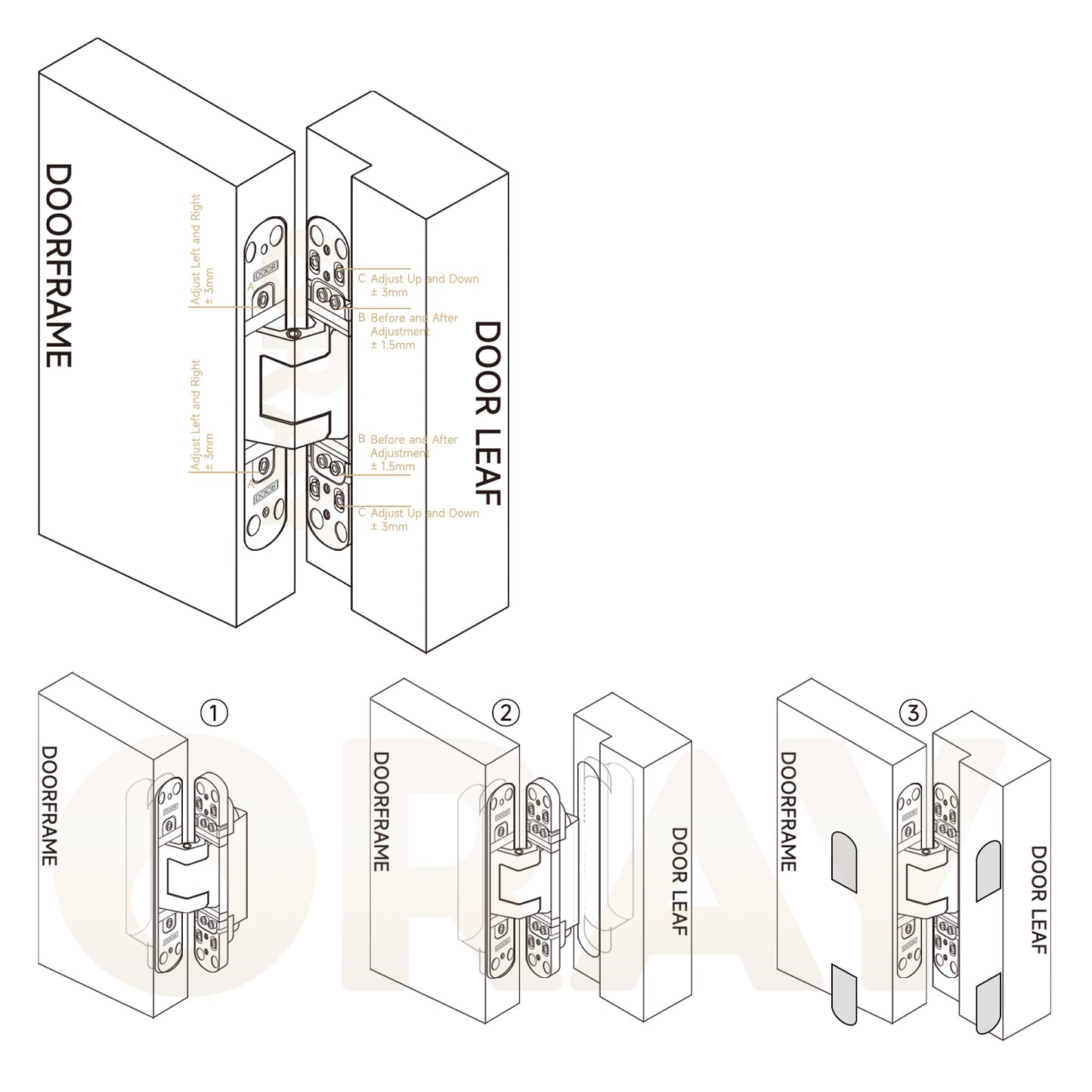 3D Adjustable 180 Degree Invisible Hidden Cross Hinge for Wooden Secret Door - Oray Hardware